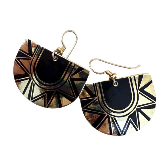 Laurel Burch Gold Tone Tribal Geometric Dangle Pierced Earrings - Picture 1 of 9